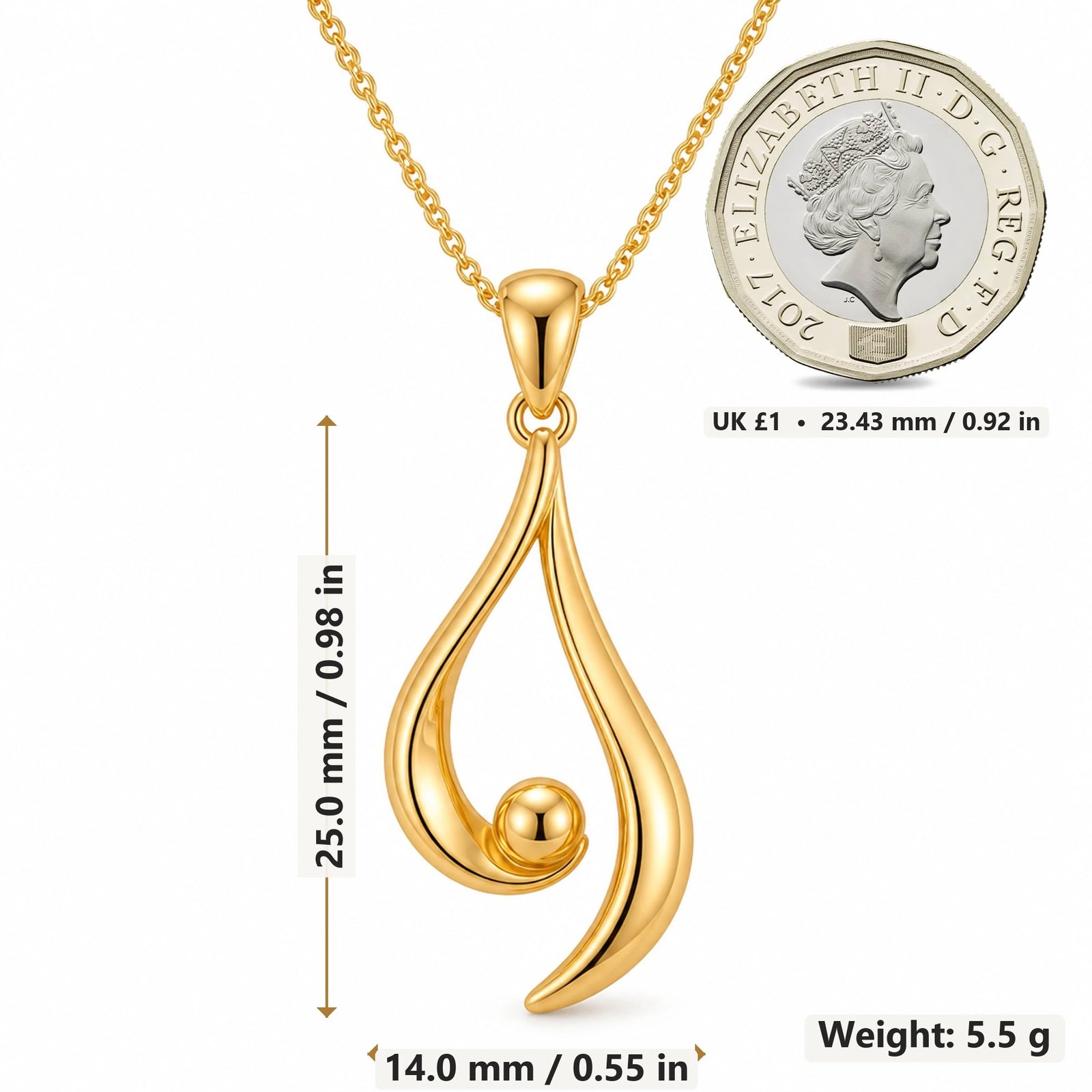 Asymmetrical Aura pendant necklace size image showing 25.0 mm height, 14.0 mm width and 5.5 g weight