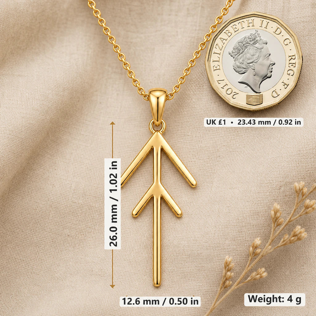 Viking Divine Energy and Protection Rune Pendant Necklace size guide, 26 by 12.6 mm