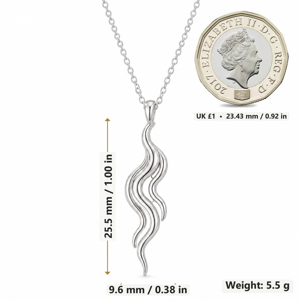Aurora Vein pendant necklace size image showing 25.5 mm height, 9.6 mm width and 5.5 g weight