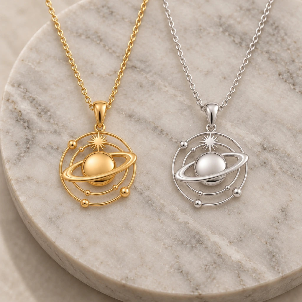 Saturn Orbit pendant necklace in silver and gold finishes side by side