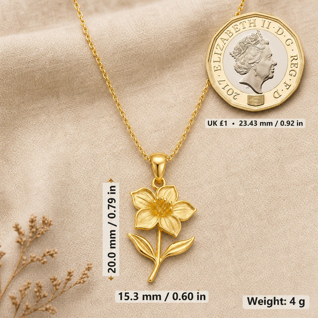Azalea necklace size image showing 20 mm height, 15.3 mm width and 4 g weight beside a UK pound coin