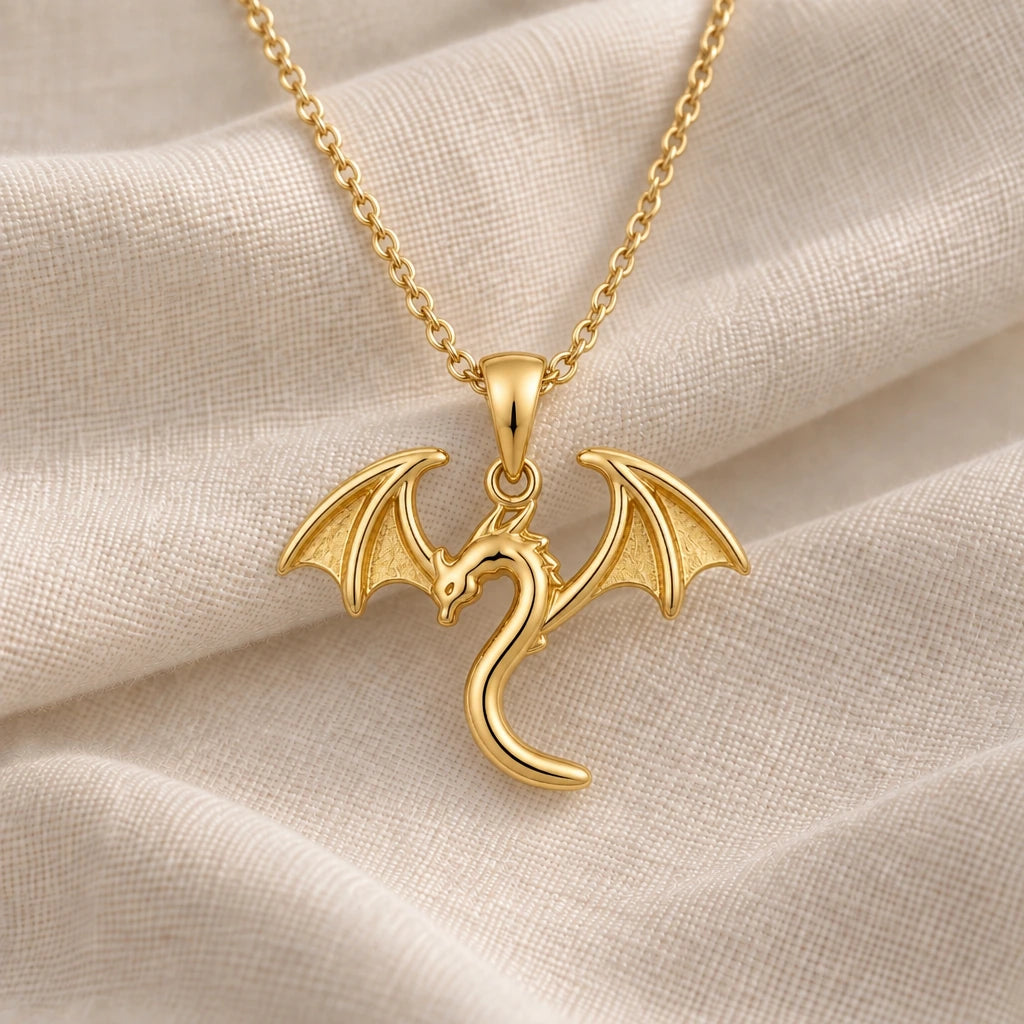 Tiny Flying Dragon pendant necklace in an 18k gold plated finish
