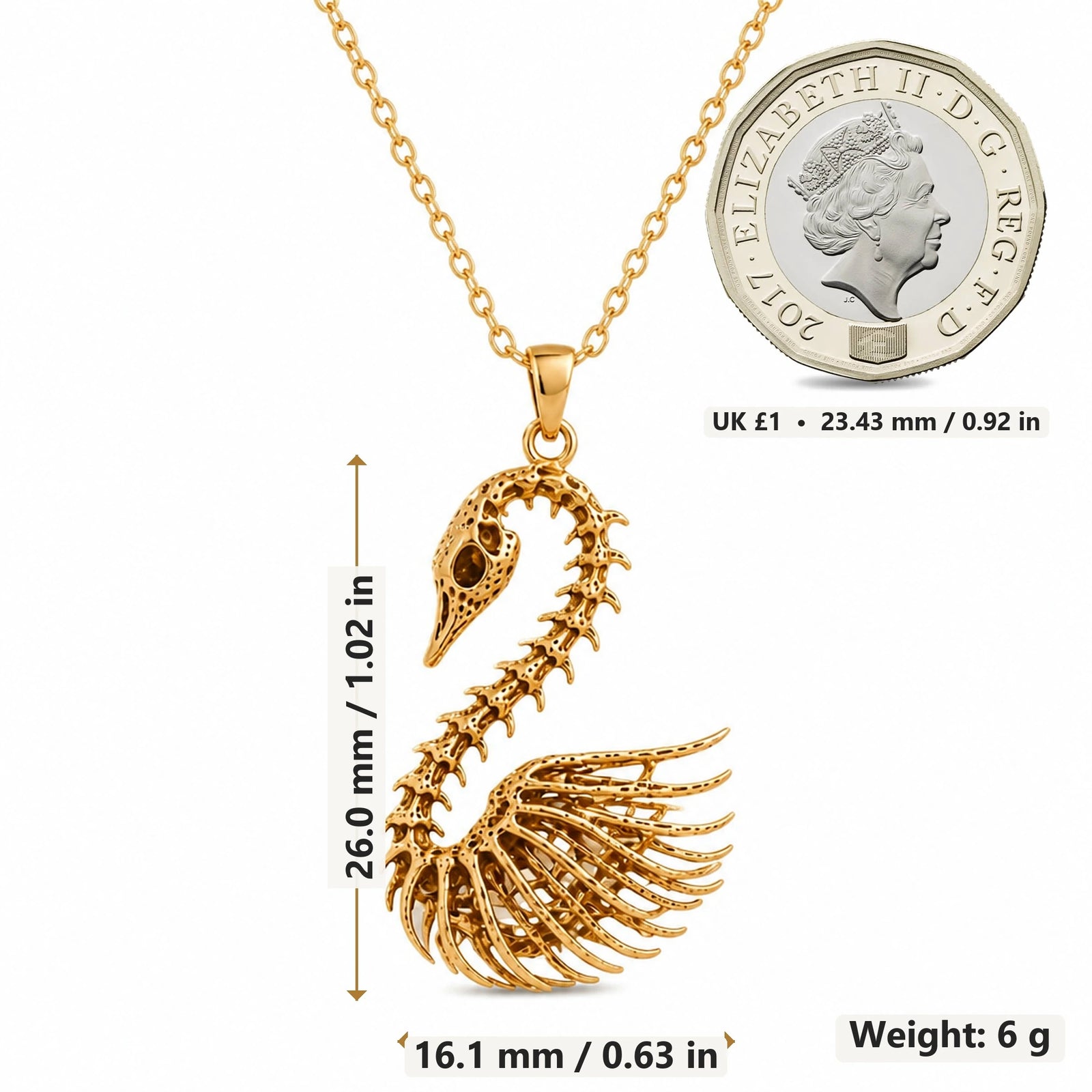 Fossil Swan Skeleton pendant necklace size image showing 26.0 mm height, 16.1 mm width and 6 g weight