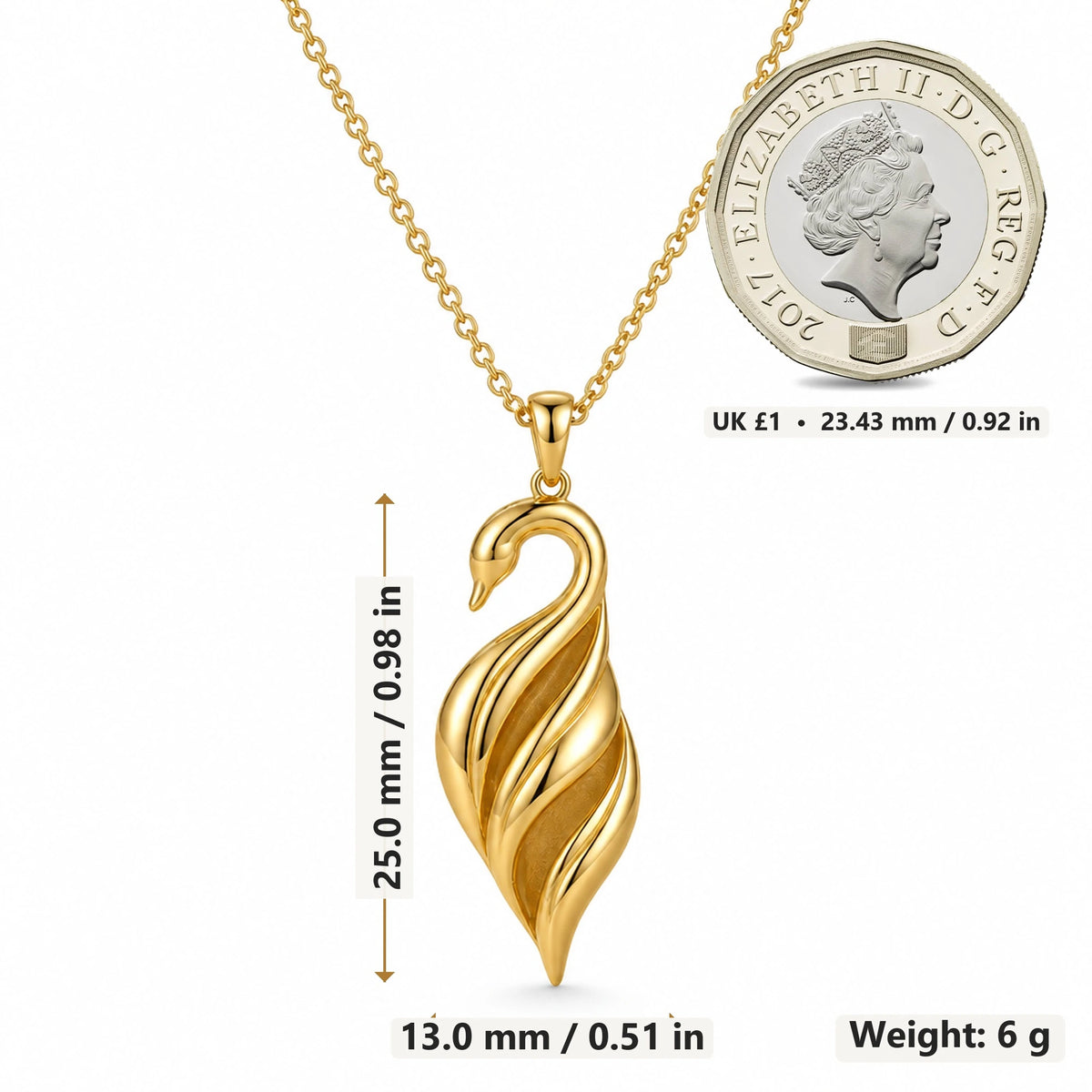 Swan Veil pendant necklace size image showing 25.0 mm height, 13.0 mm width and 6 g weight