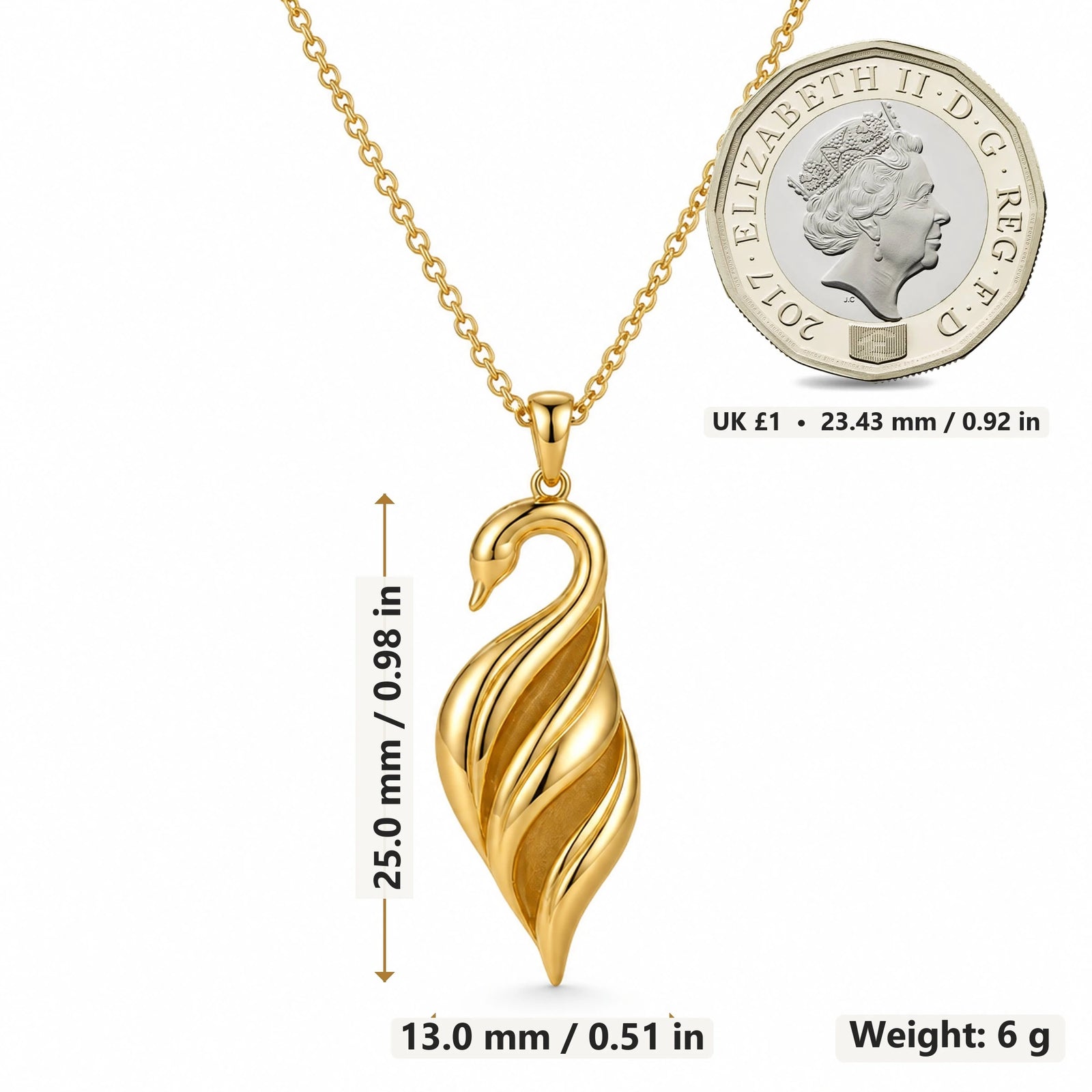 Swan Veil pendant necklace size image showing 25.0 mm height, 13.0 mm width and 6 g weight