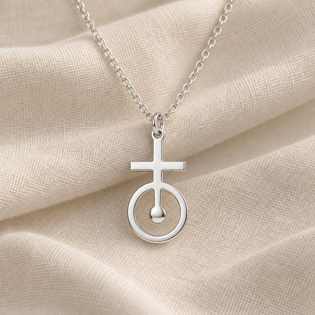 925 sterling silver antimony cross circle pendant necklace on cream fabric