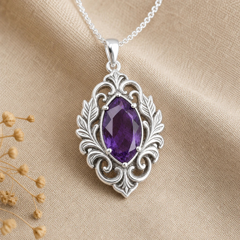 Vintage Fleur Birthstone Statement Pendant Necklace in sterling silver, second view