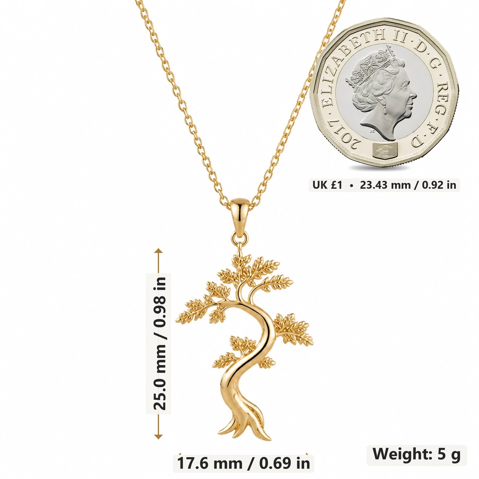 Juniper Flame Feathered Tree pendant necklace size image showing 25.0 mm height, 17.6 mm width and 5 g weight