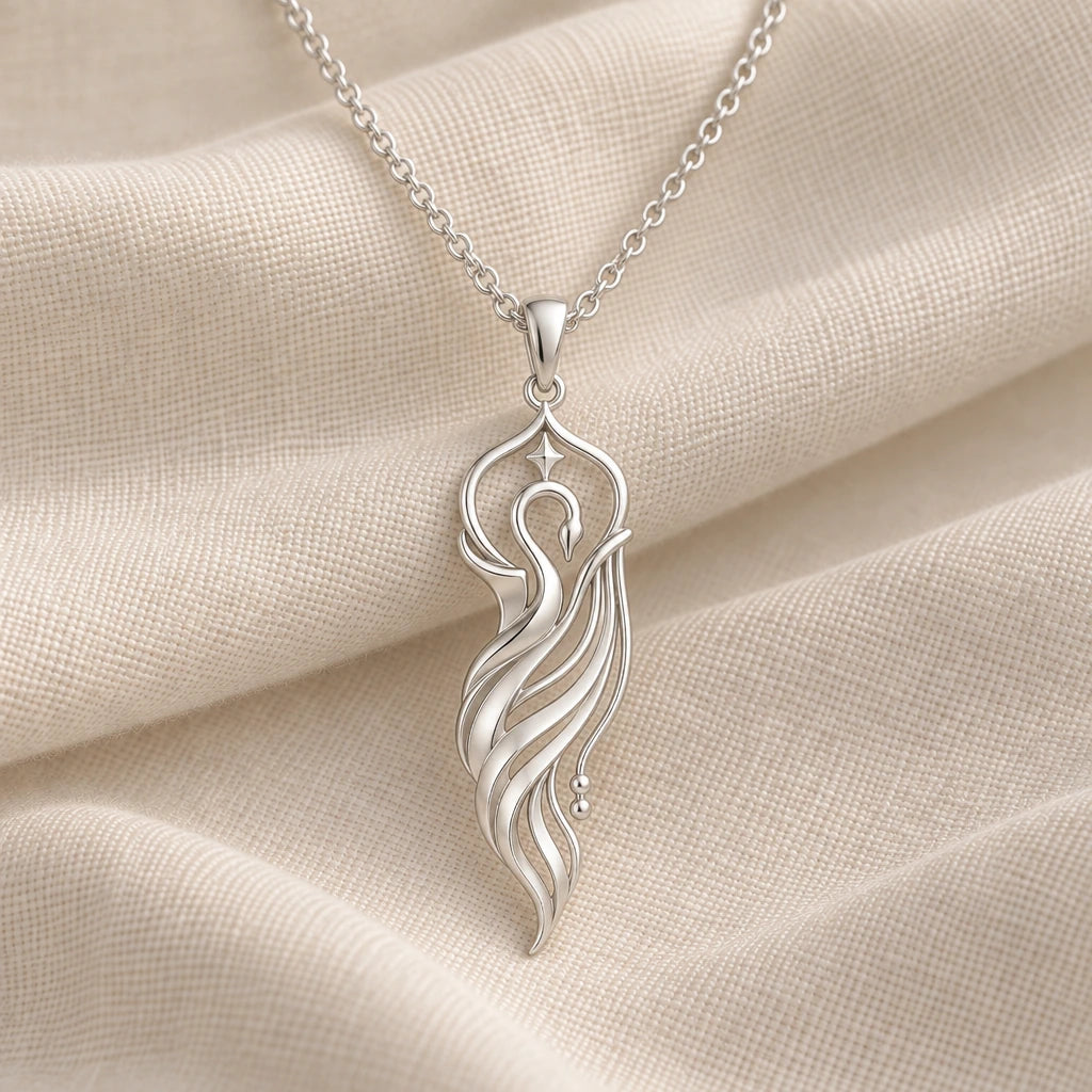 925 sterling silver swan veil crest pendant necklace on cream fabric