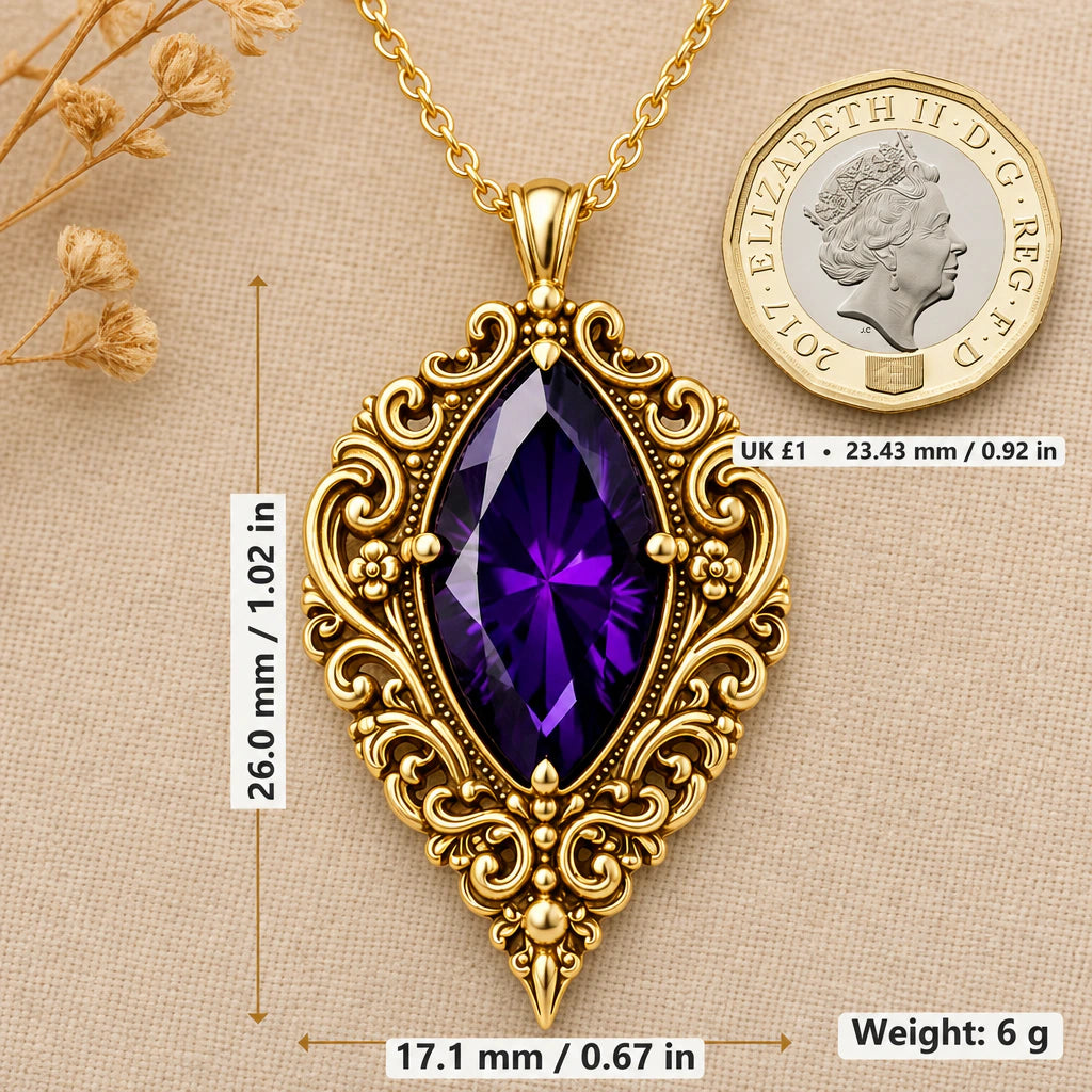 Vintage Gothic Birthstone Pendant Necklace size guide, 26 by 17.1 mm