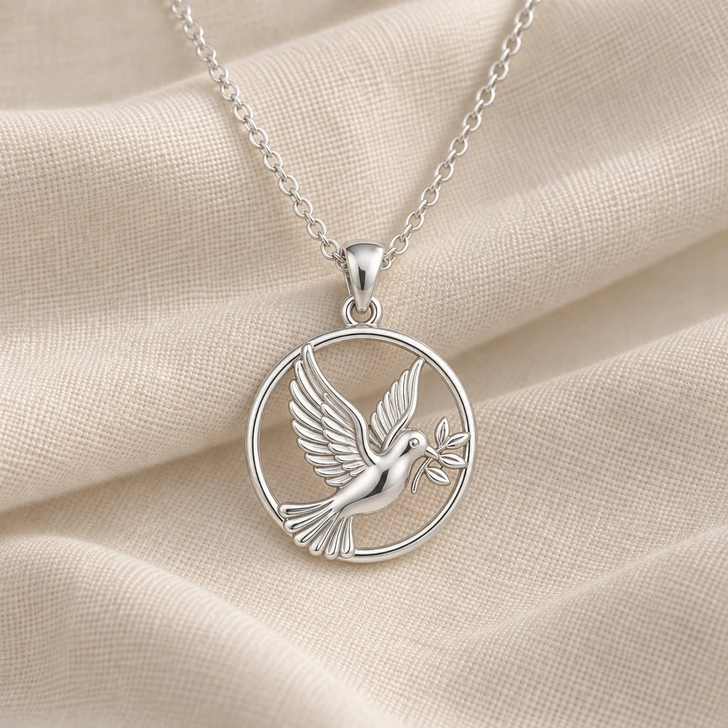 925 sterling silver dove of peace pendant necklace on cream fabric