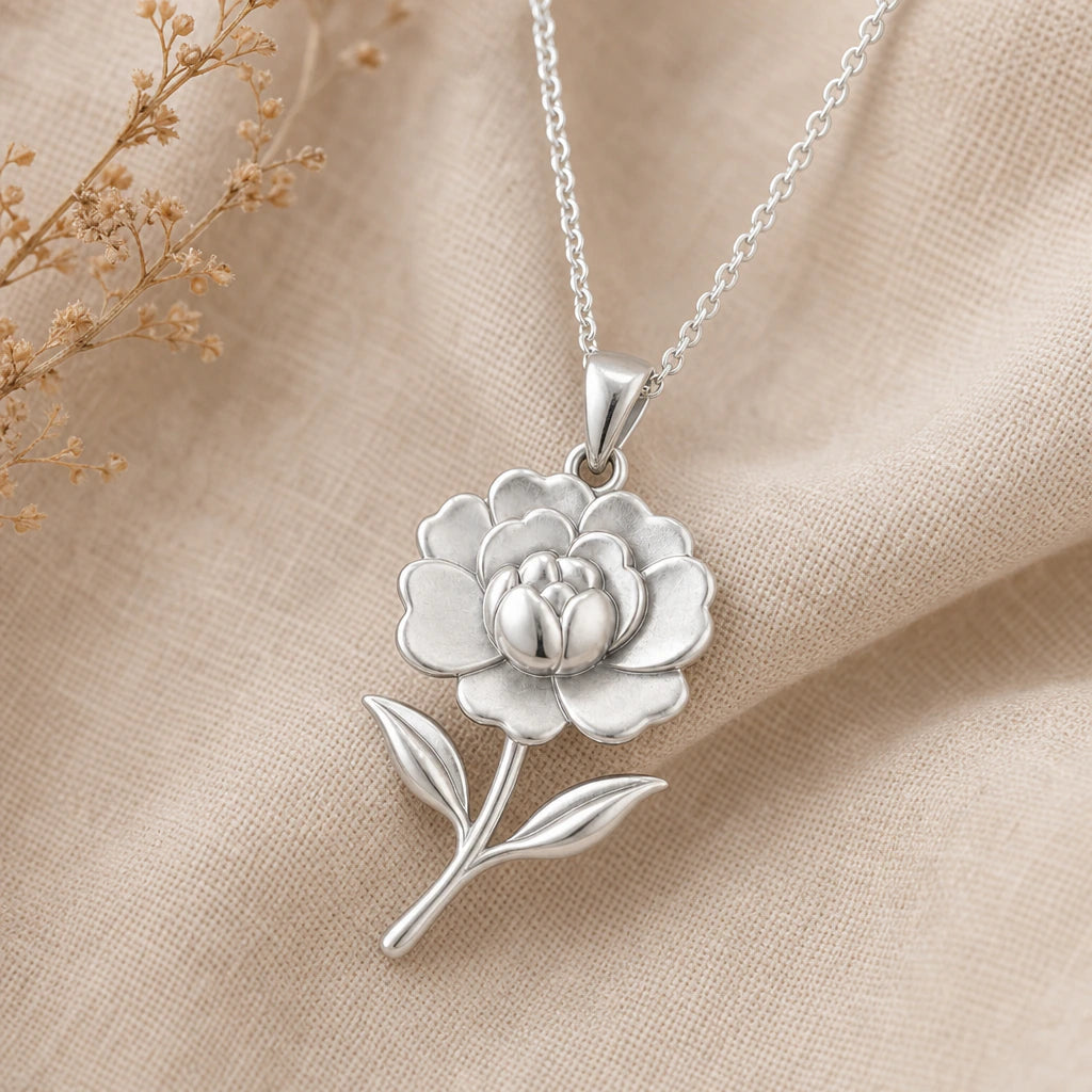 Close-up of silver begonia pendant with layered petals and leaves
