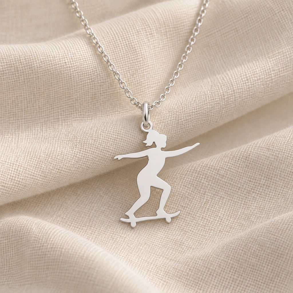 925 sterling silver skateboard girl pendant necklace on cream fabric