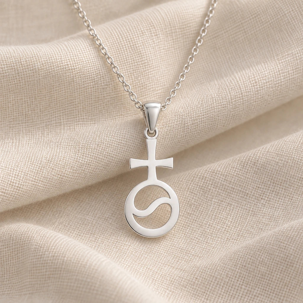 925 sterling silver thetis asteroid symbol pendant necklace on cream fabric