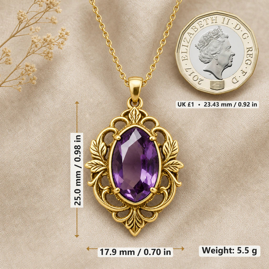 Leafy Oval Birthstone Pendant Necklace size guide, 25 by 17.9 mm