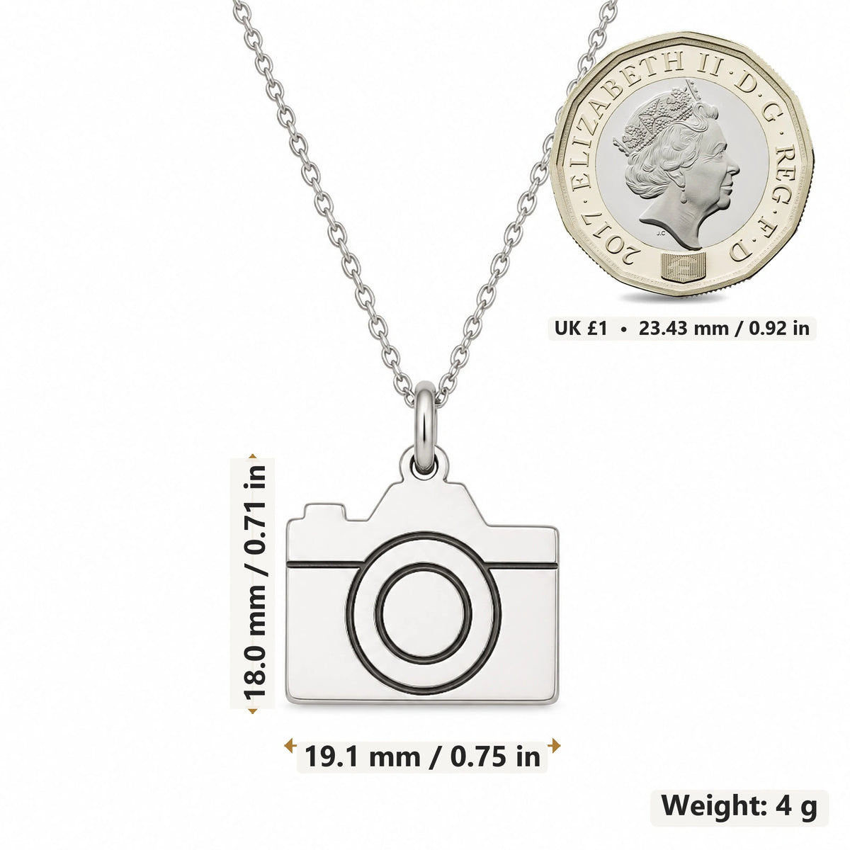 Camera pendant necklace size image showing 18.0 mm height, 19.1 mm width and 4 g weight