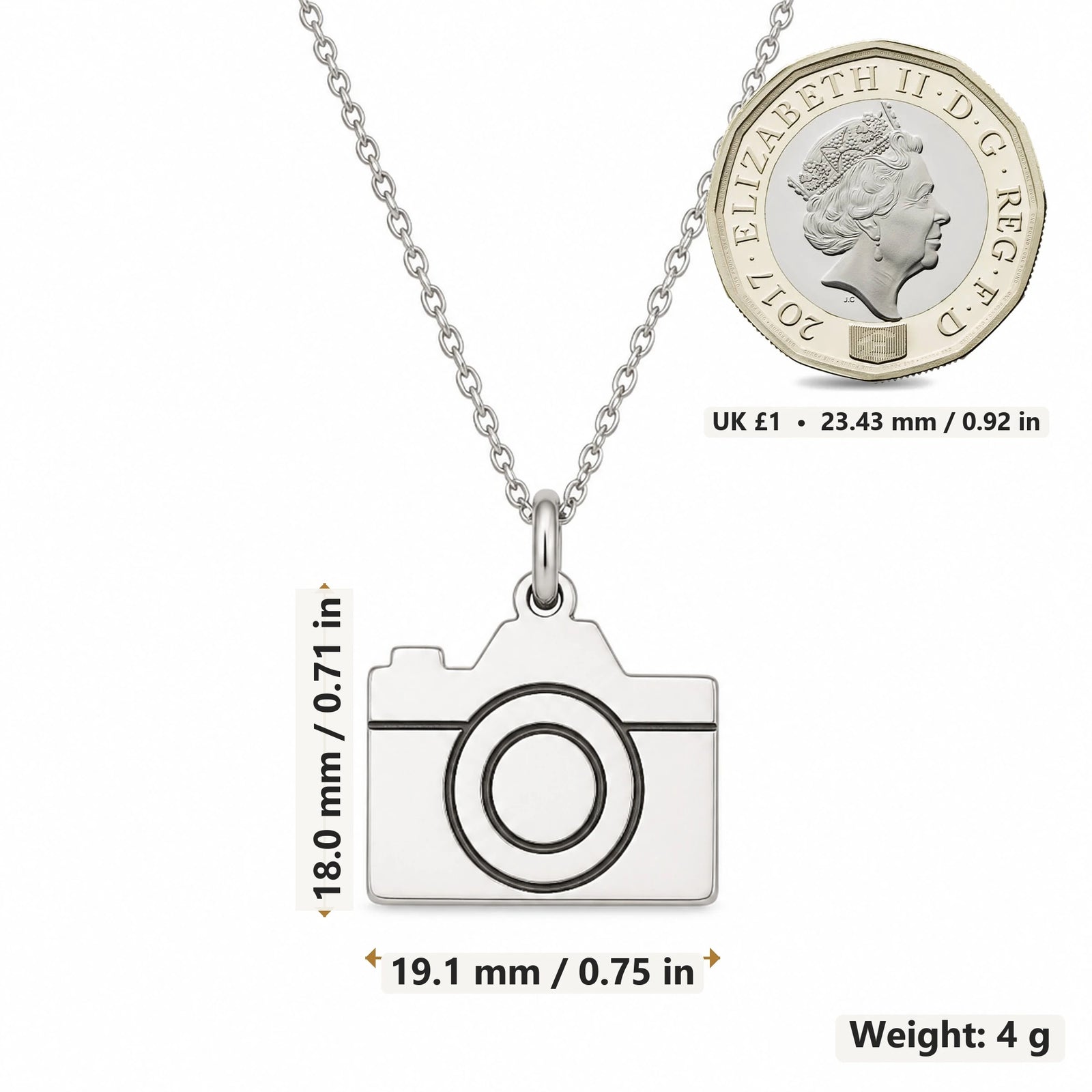 Camera pendant necklace size image showing 18.0 mm height, 19.1 mm width and 4 g weight
