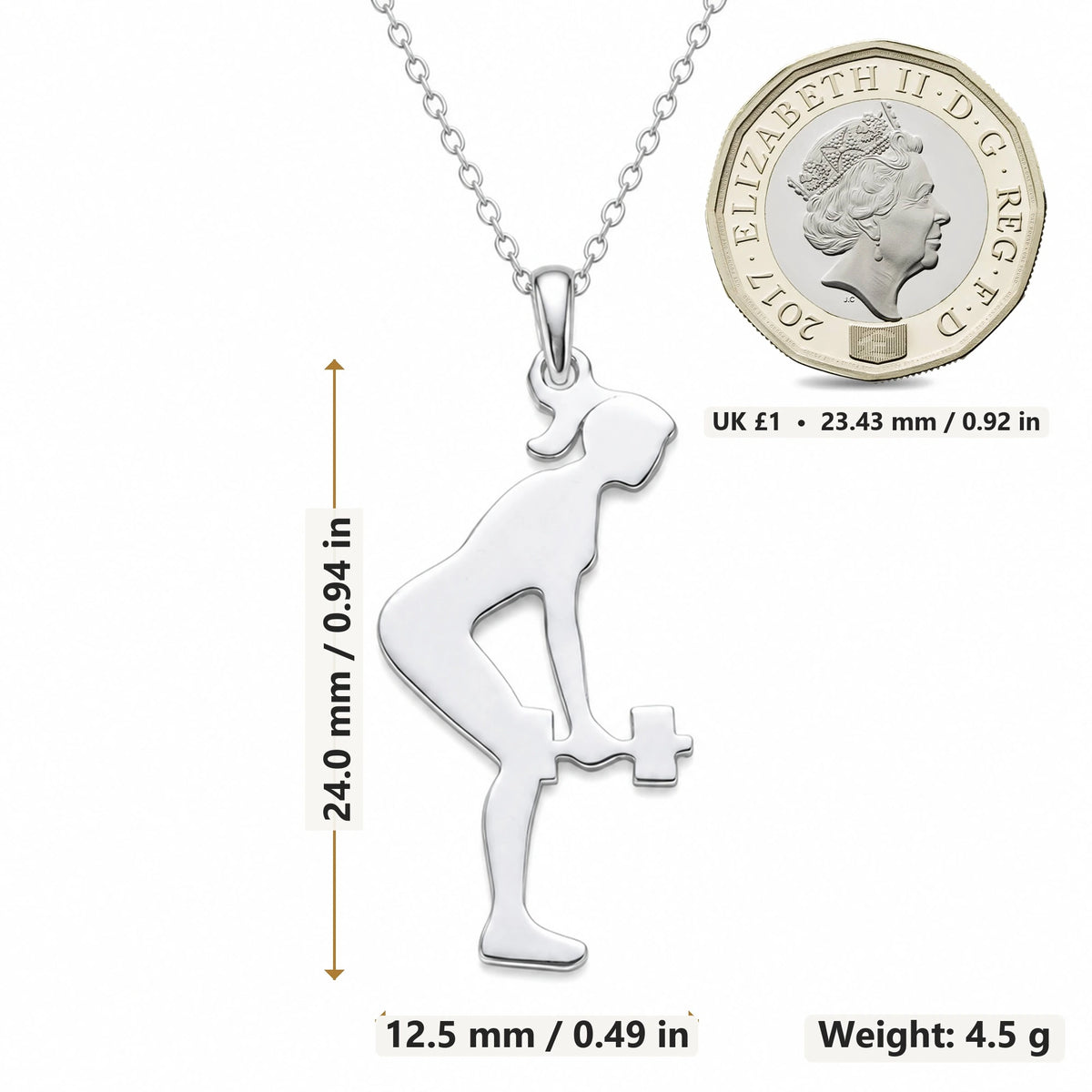Dumbbell Row Woman pendant necklace size image showing 24.0 mm height, 12.5 mm width and 4.5 g weight