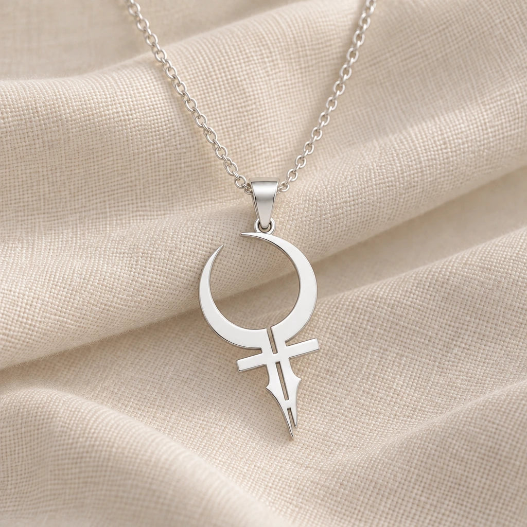 925 sterling silver feminine energy crescent symbol pendant necklace on cream fabric