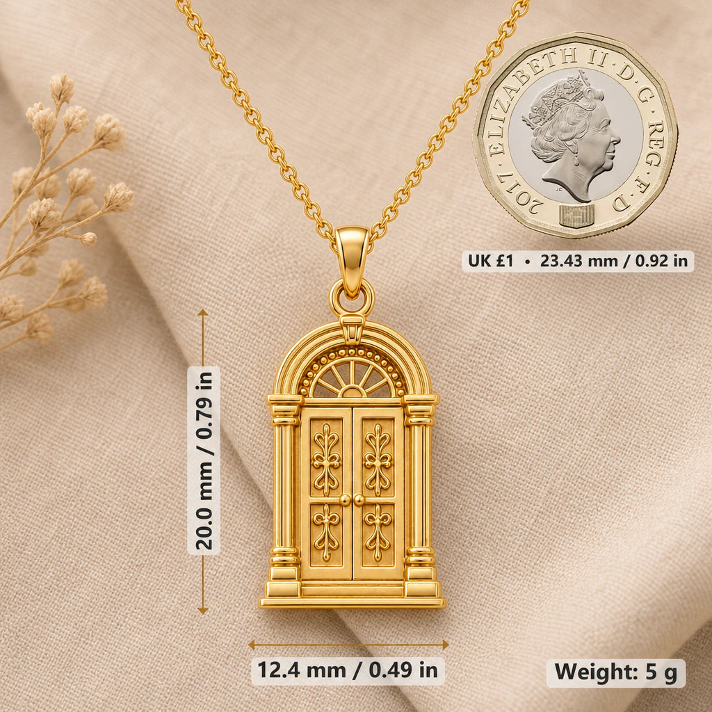 Vintage doorway necklace size image showing 20 mm height, 12.4 mm width and 5 g weight beside a UK pound coin