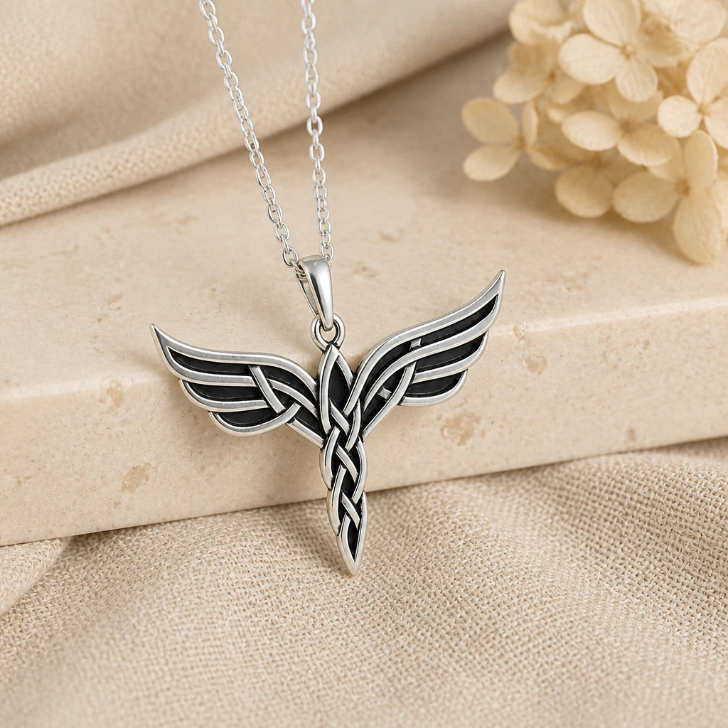 925 sterling silver elven wing pendant necklace on softly folded cream linen