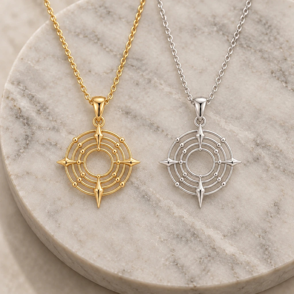Cosmic Portal Orbit pendant necklace in silver and gold finishes side by side