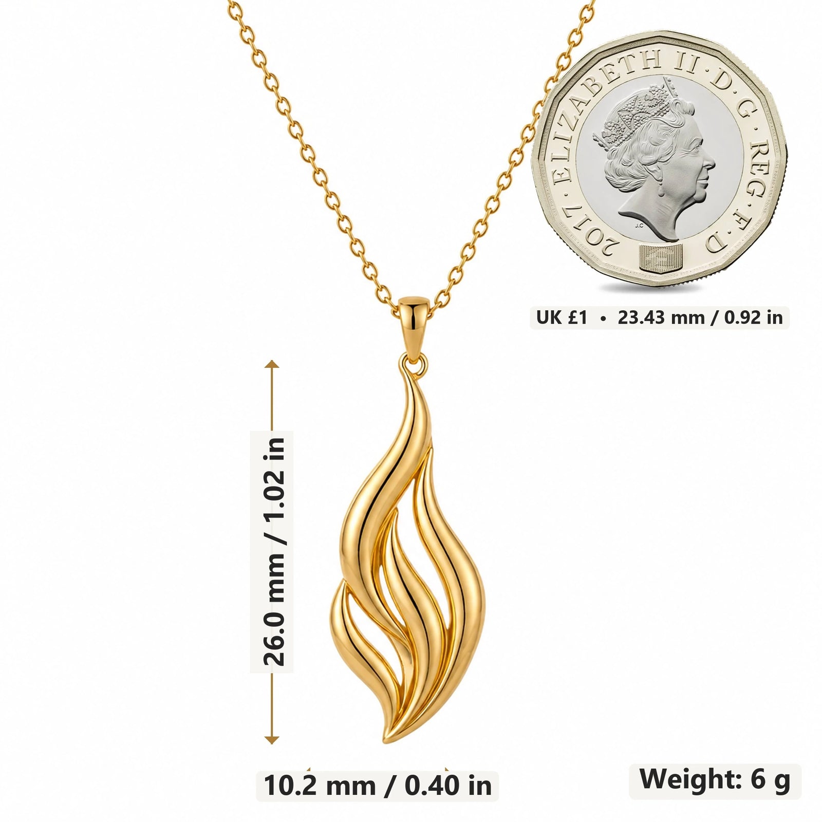 Aurora Flame pendant necklace size image showing 26.0 mm height, 10.2 mm width and 6 g weight