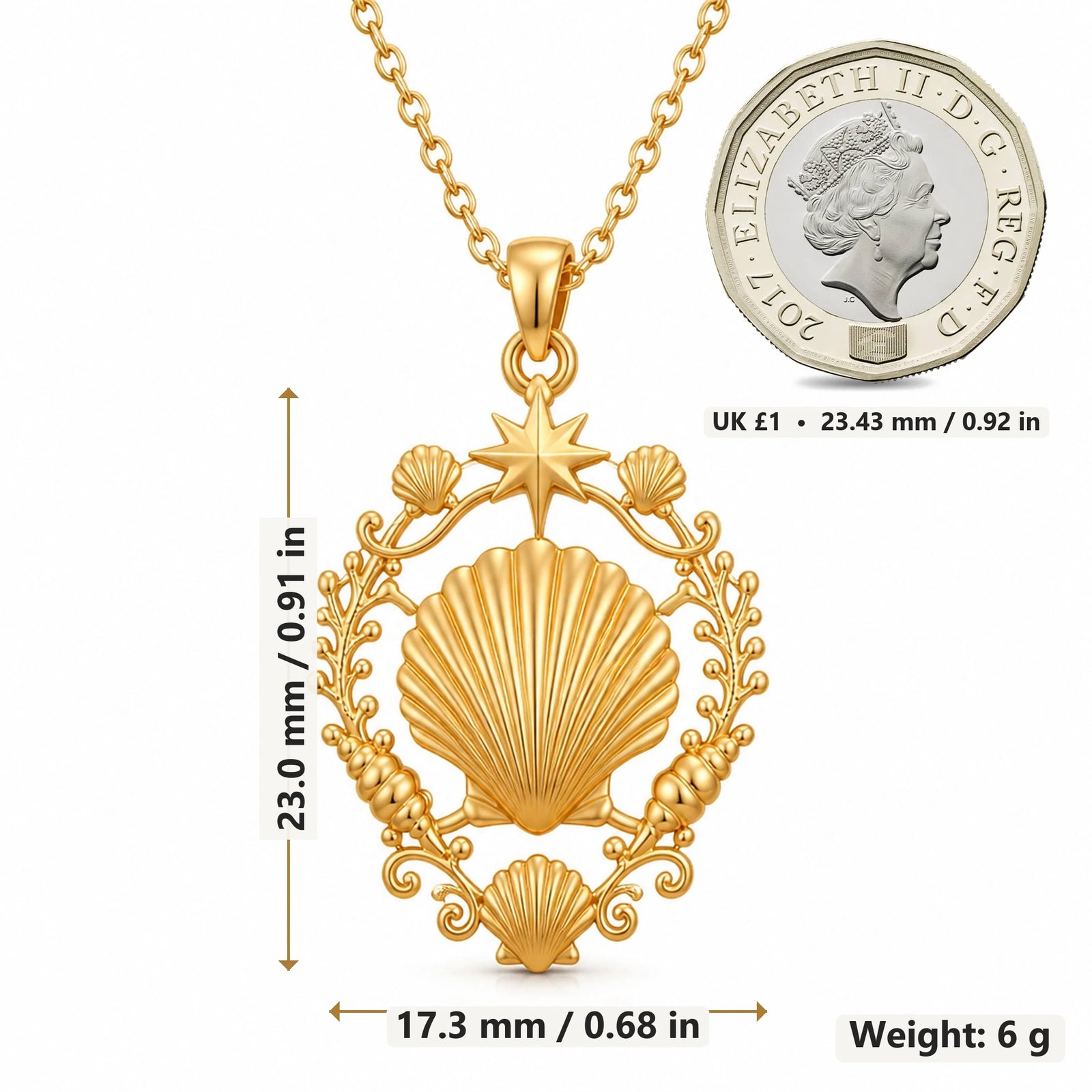 Shell Halo pendant necklace size image showing 23.0 mm height, 17.3 mm width and 6 g weight