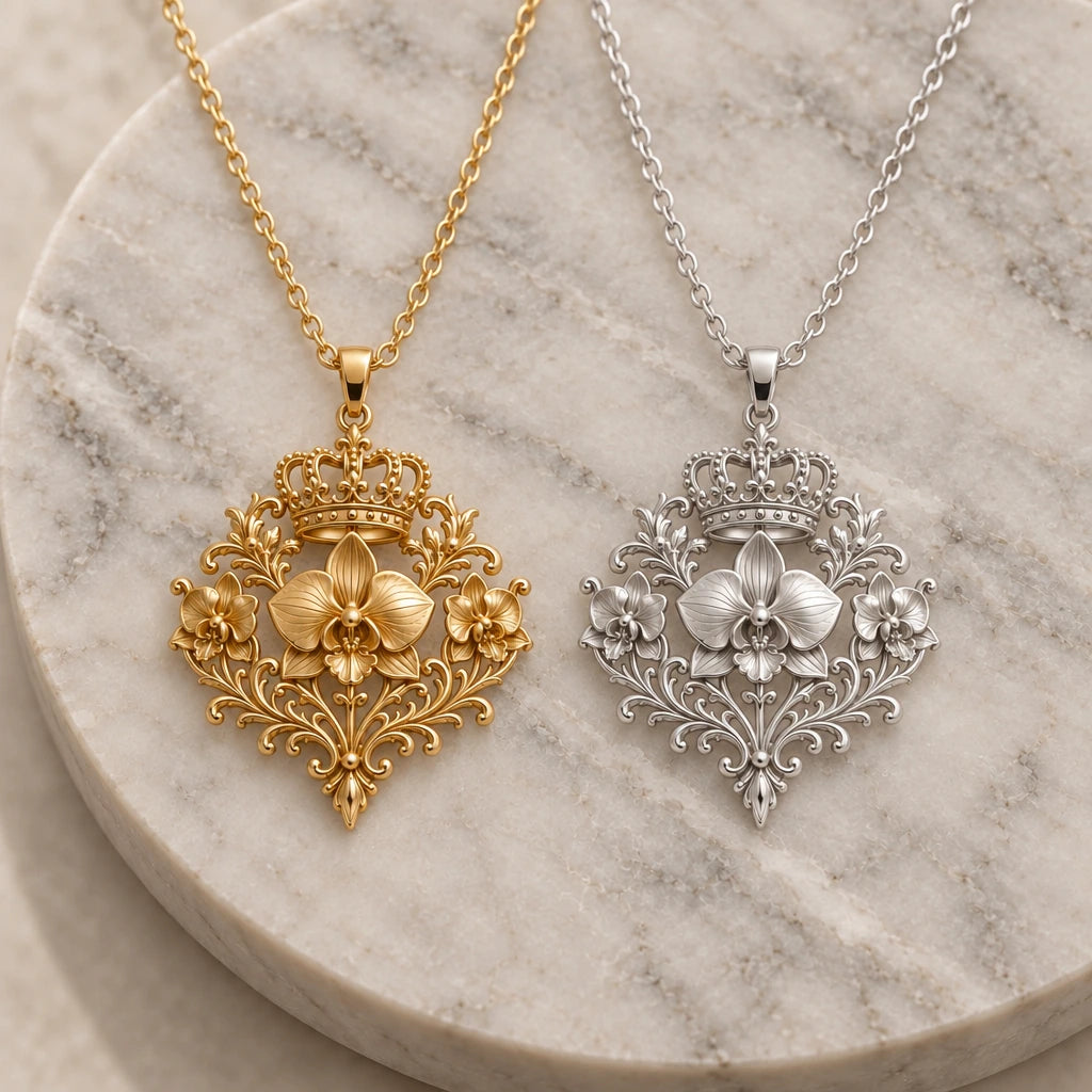 Regal Orchid Crown pendant necklace in silver and gold finishes side by side