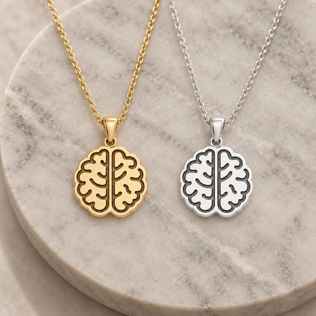 Brain pendant necklace in silver and gold finishes side by side