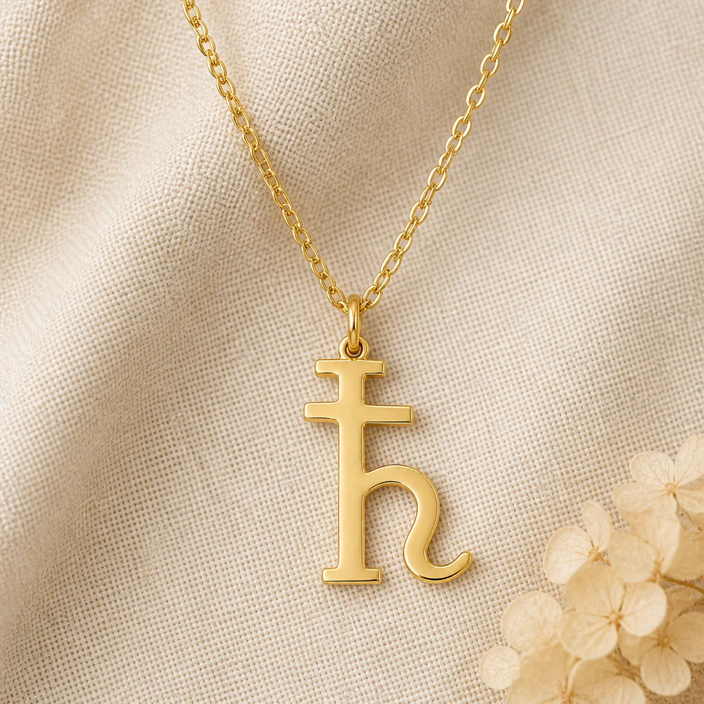 Saturn Symbol pendant necklace in a warm gold finish on cream fabric