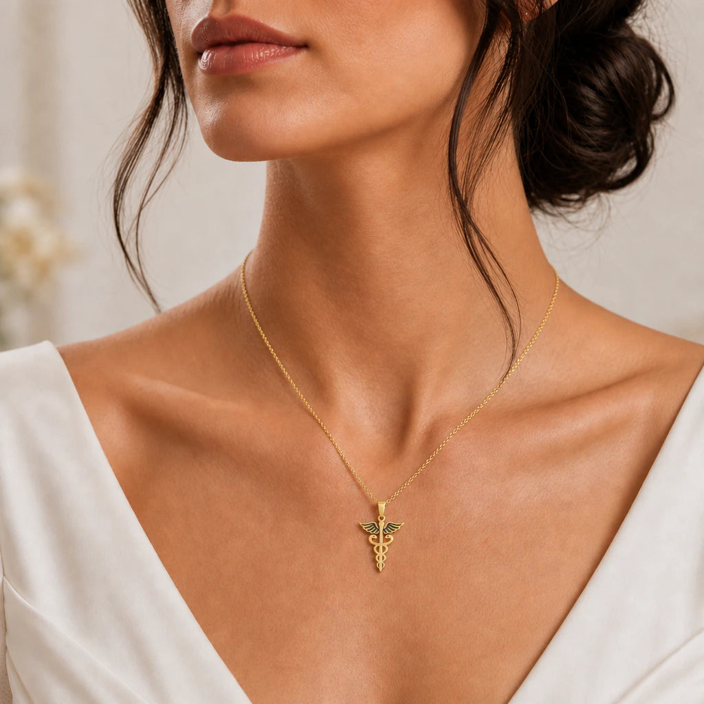 Caduceus Medical Symbol Pendant Necklace worn, second view