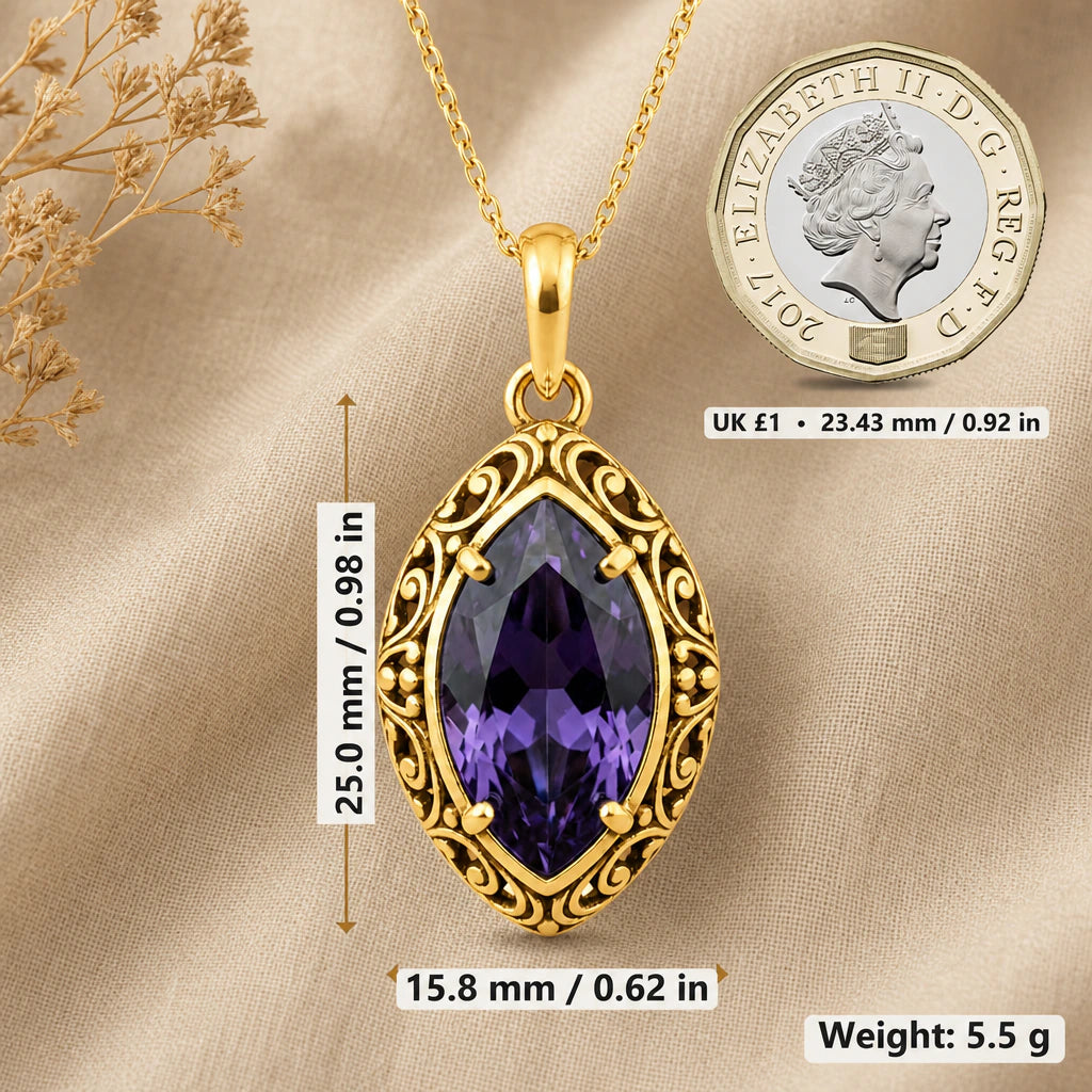 Queen's Eye Birthstone Pendant Necklace size guide, 25 by 15.8 mm