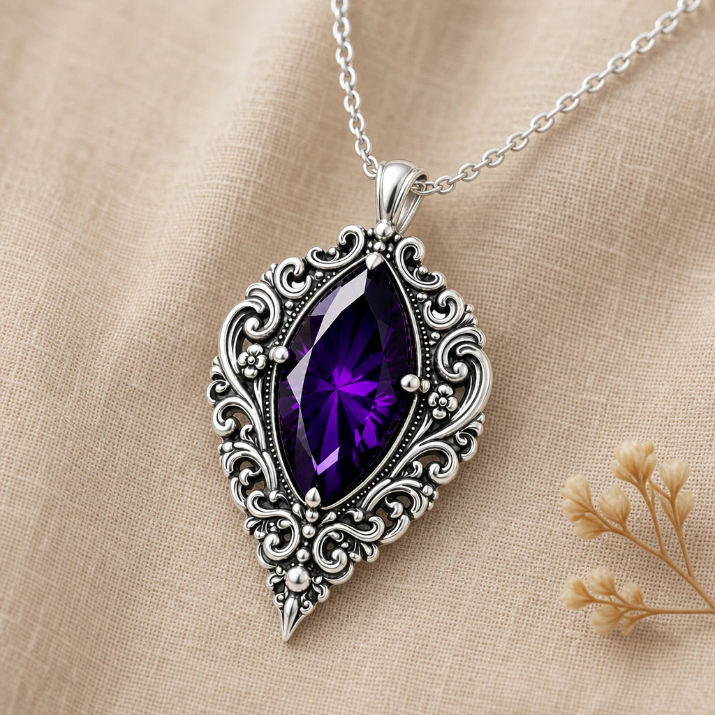Vintage Gothic Birthstone Pendant Necklace in sterling silver, second view