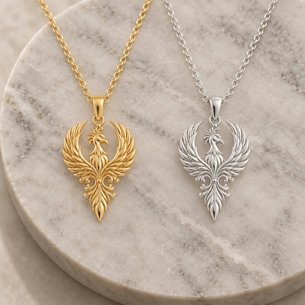 Phoenix Crest pendant necklace in silver and gold finishes side by side