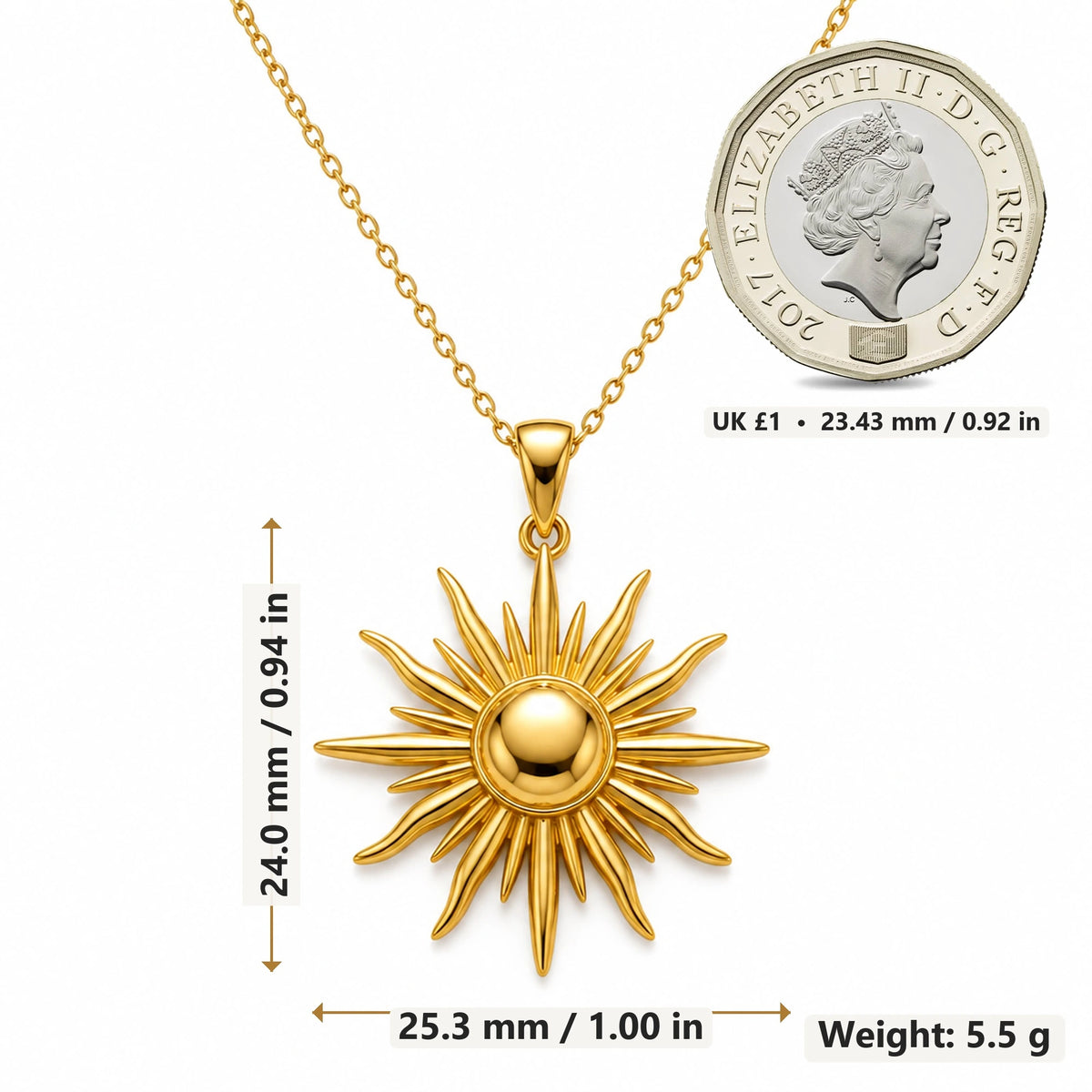 Radiant Sun Ray pendant necklace size image showing 24.0 mm height, 25.3 mm width and 5.5 g weight