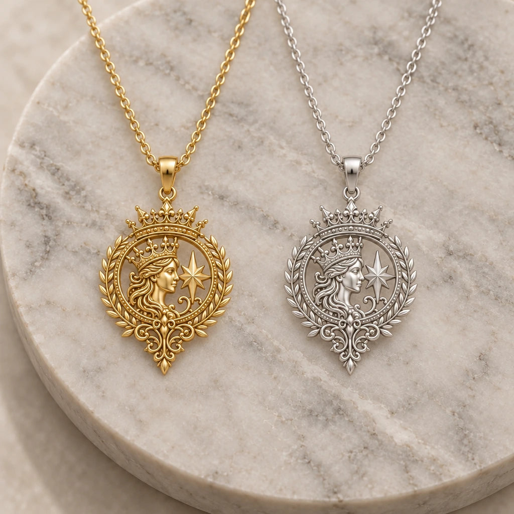 Celestial Queen Emblem pendant necklace in silver and gold finishes side by side
