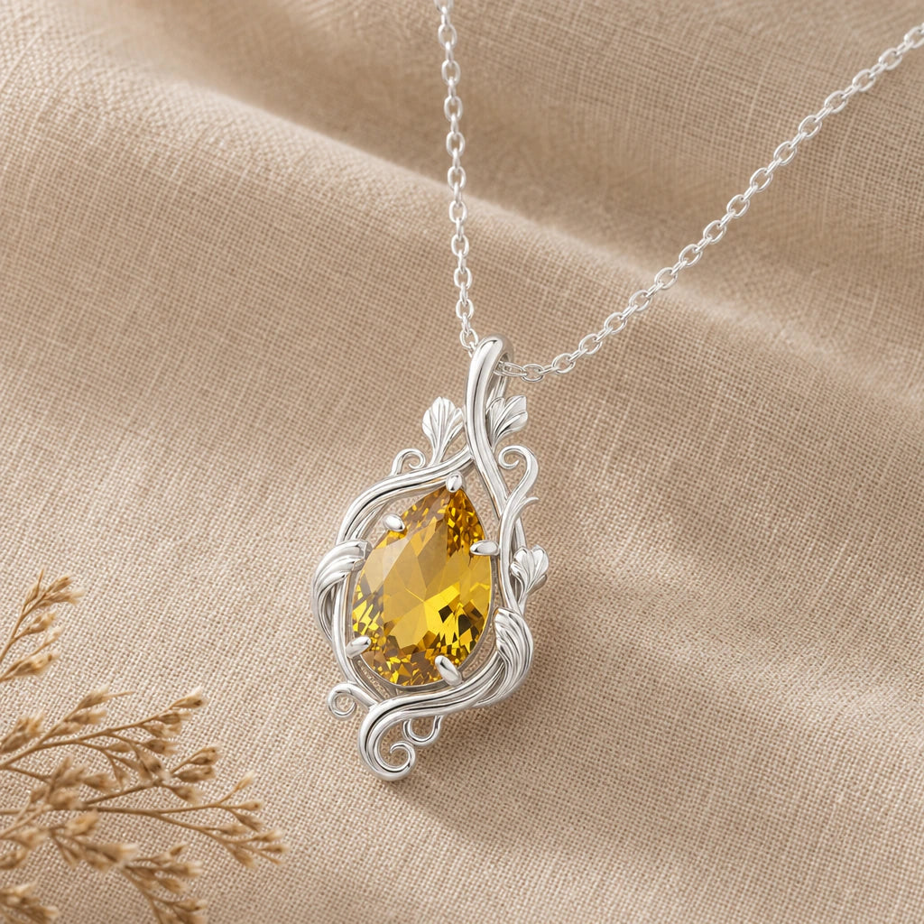 Curling Leaf Teardrop Birthstone Pendant Necklace in sterling silver