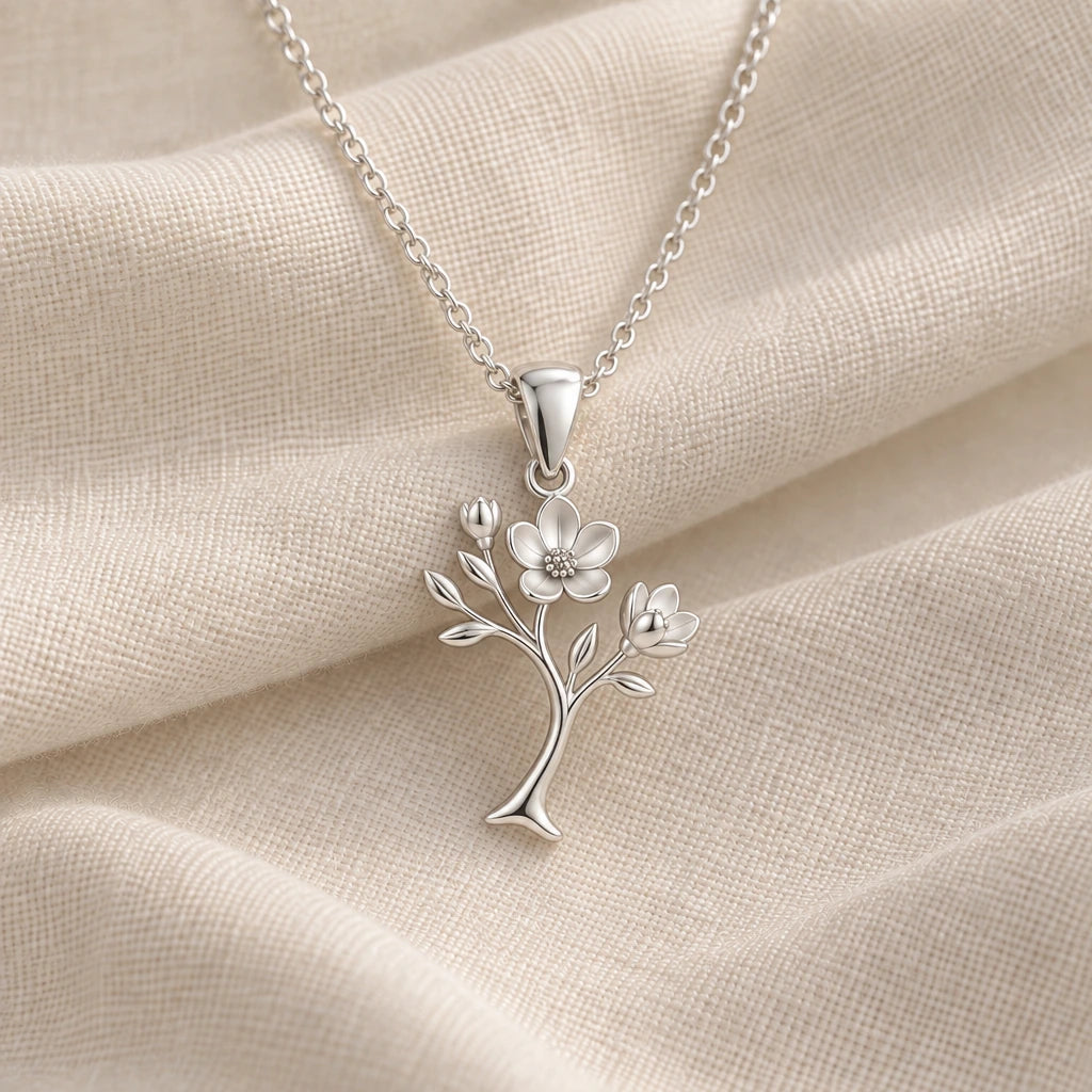925 sterling silver magnolia soft bloom pendant necklace on cream fabric