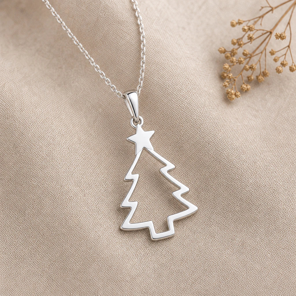 Minimalist Star Christmas Tree Pendant Necklace in sterling silver