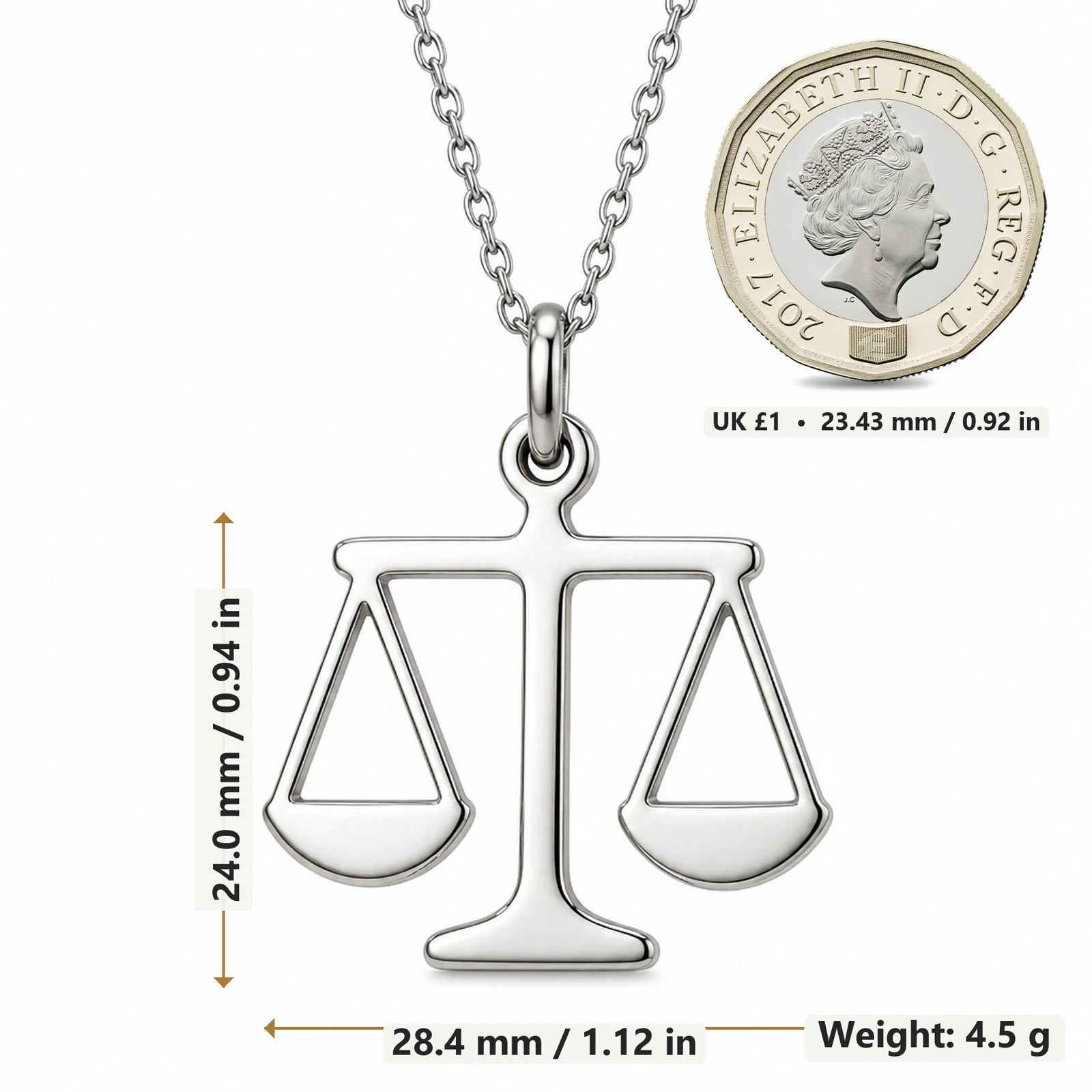 Scales of Justice pendant necklace size image showing 24.0 mm height, 28.4 mm width and 4.5 g weight