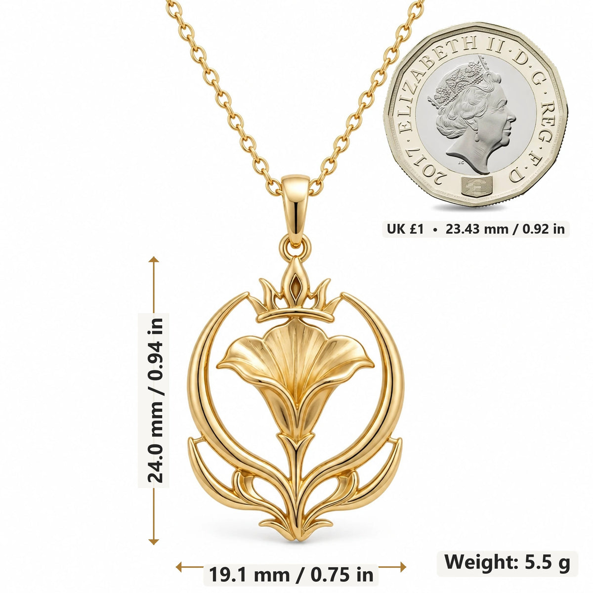 Queen Moonflower pendant necklace size image showing 24.0 mm height, 19.1 mm width and 5.5 g weight