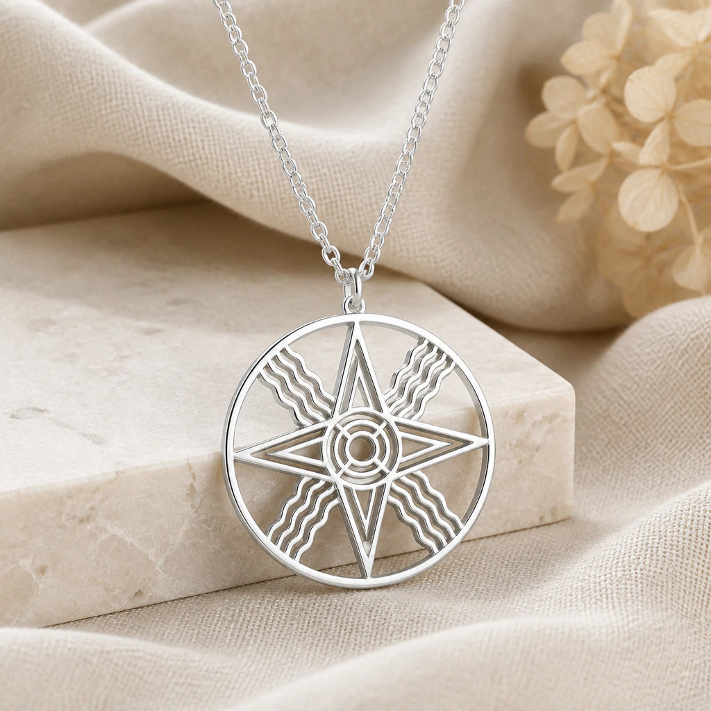 925 sterling silver sumerian sun star symbol pendant necklace on softly folded cream linen