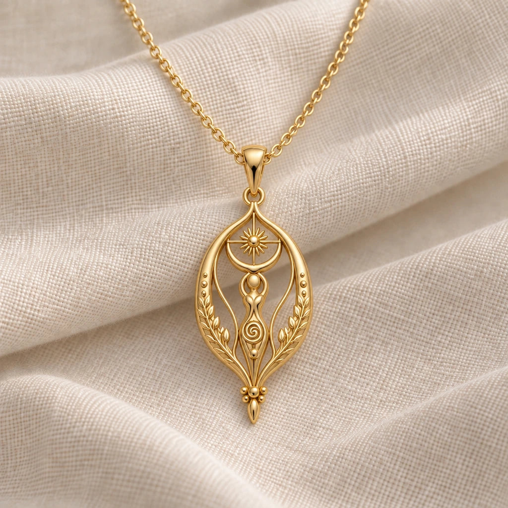 Sacred Womb Goddess pendant necklace in an 18k gold plated finish