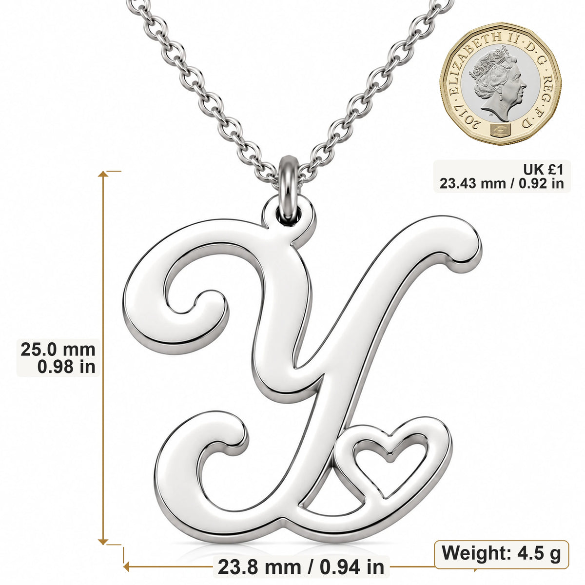 Y Initial Heart pendant necklace size image showing 25 mm height and 23.8 mm width and 4.5 g weight