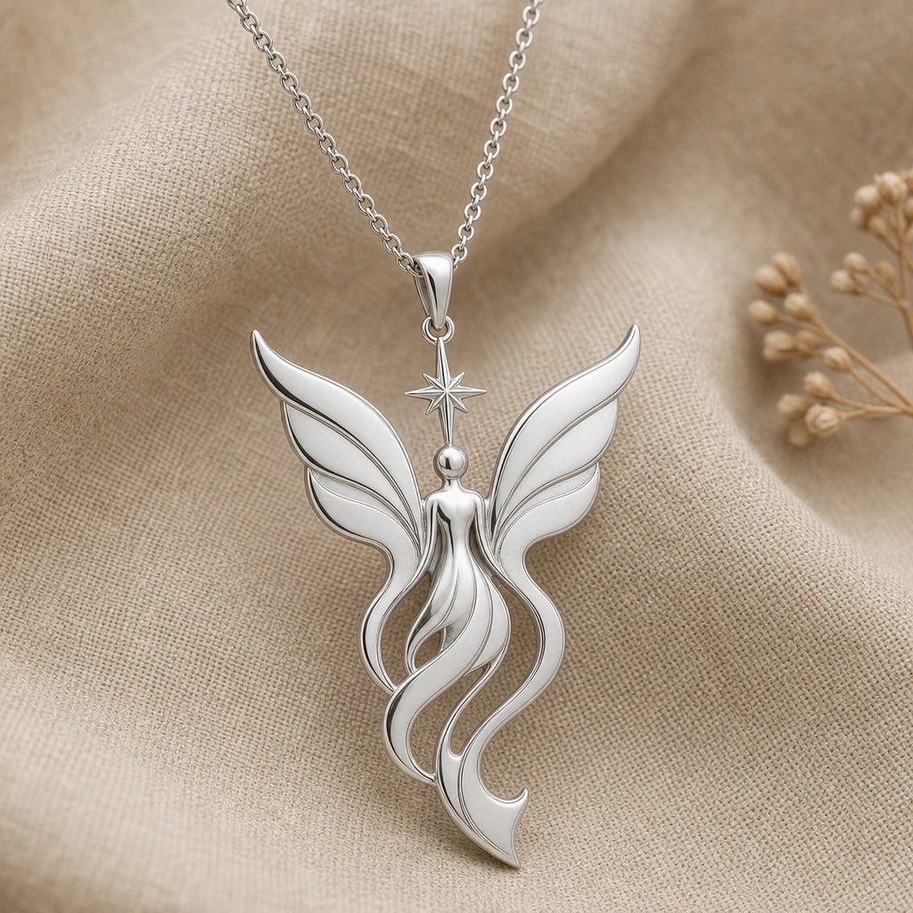 Close-up of silver fairy pendant with sweeping wings and star