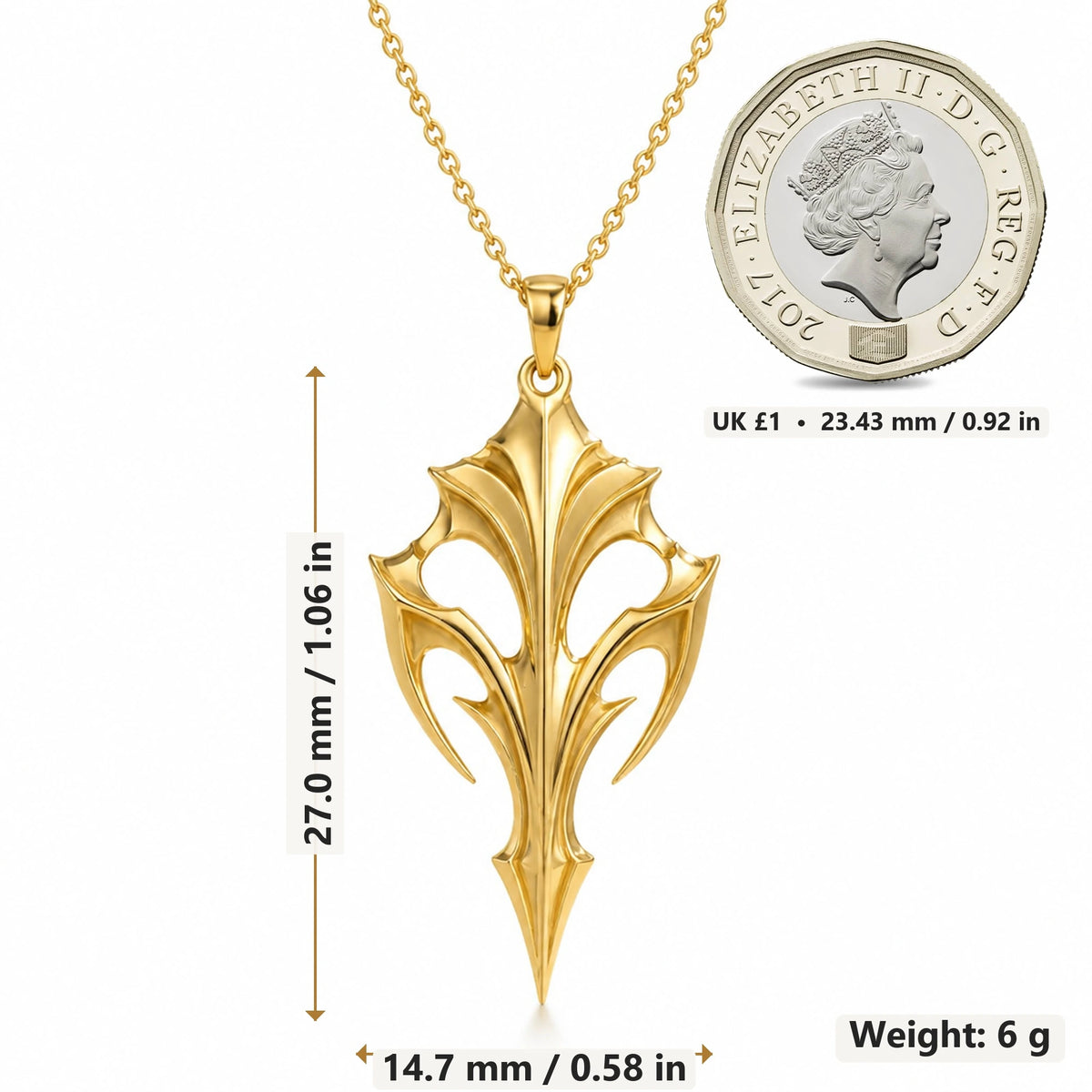 Eclipse Armour Blade pendant necklace size image showing 27.0 mm height, 14.7 mm width and 6 g weight