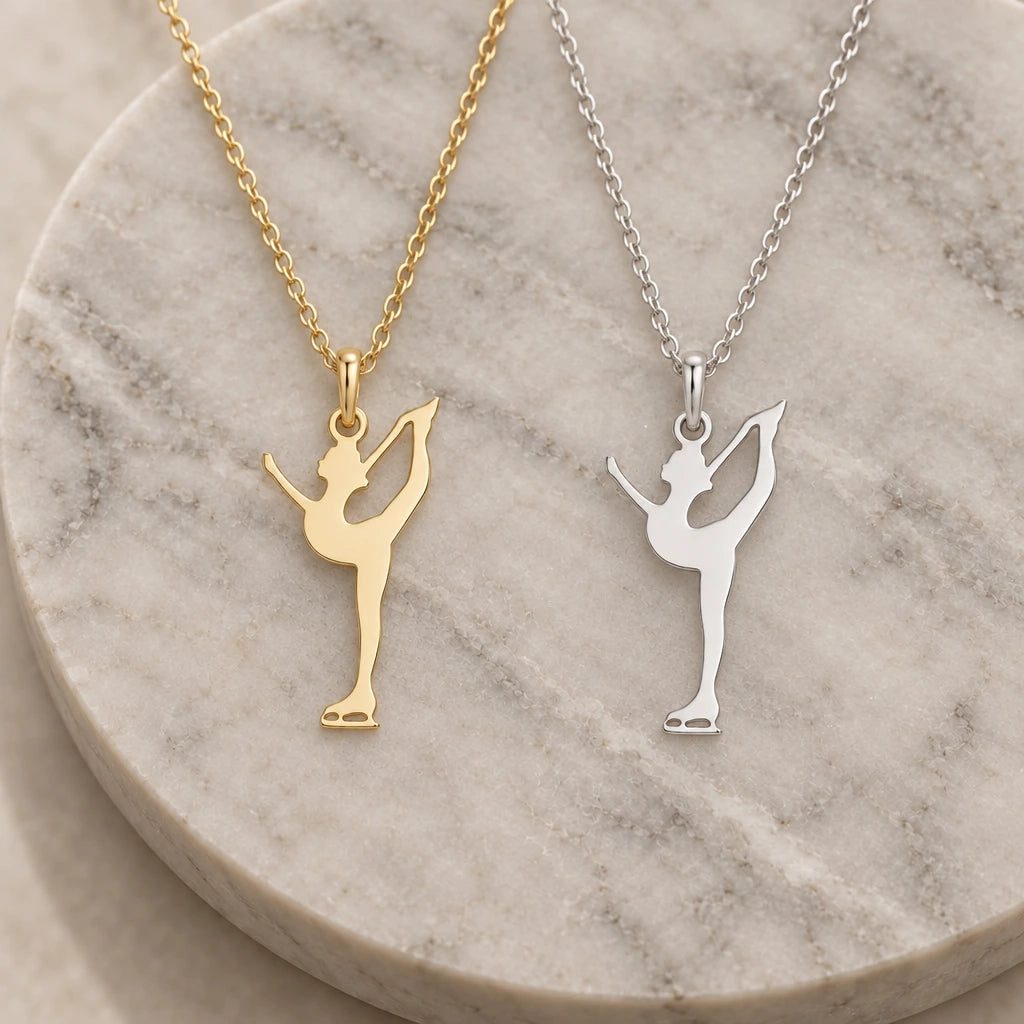 Figure Skater Scorpion pendant necklace in silver and gold finishes side by side