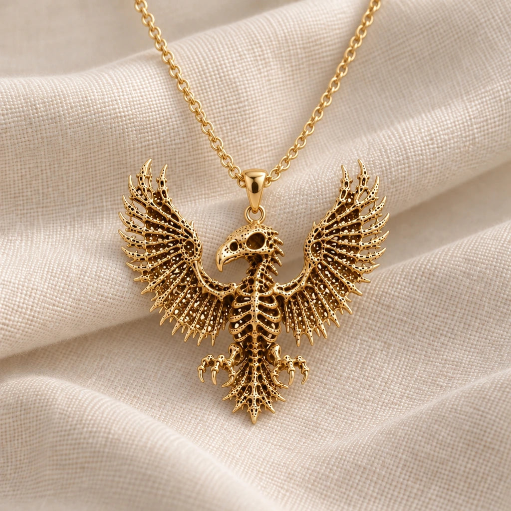 Sacred Eagle Skeleton pendant necklace in an 18k gold plated finish
