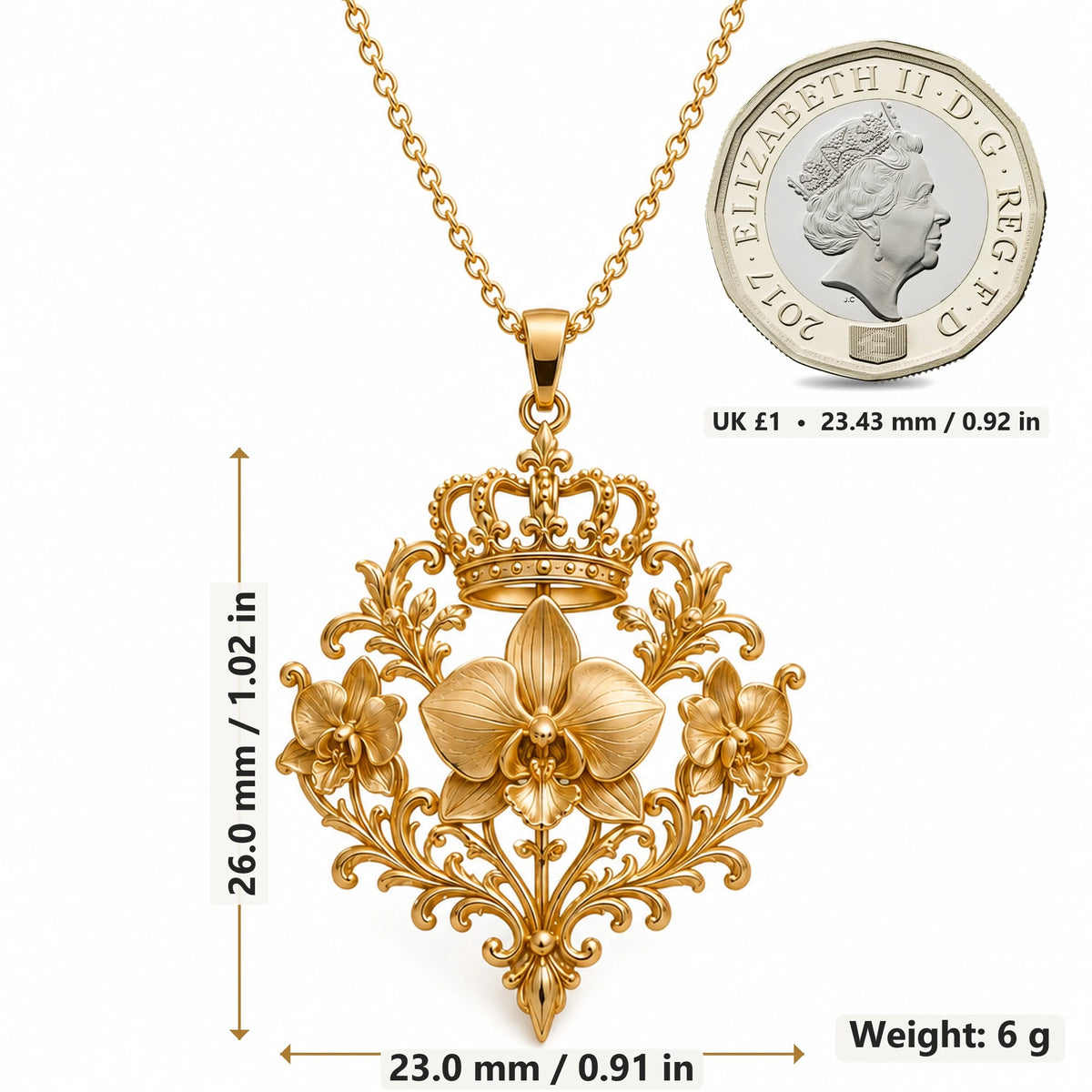 Regal Orchid Crown pendant necklace size image showing 26.0 mm height, 23.0 mm width and 6 g weight
